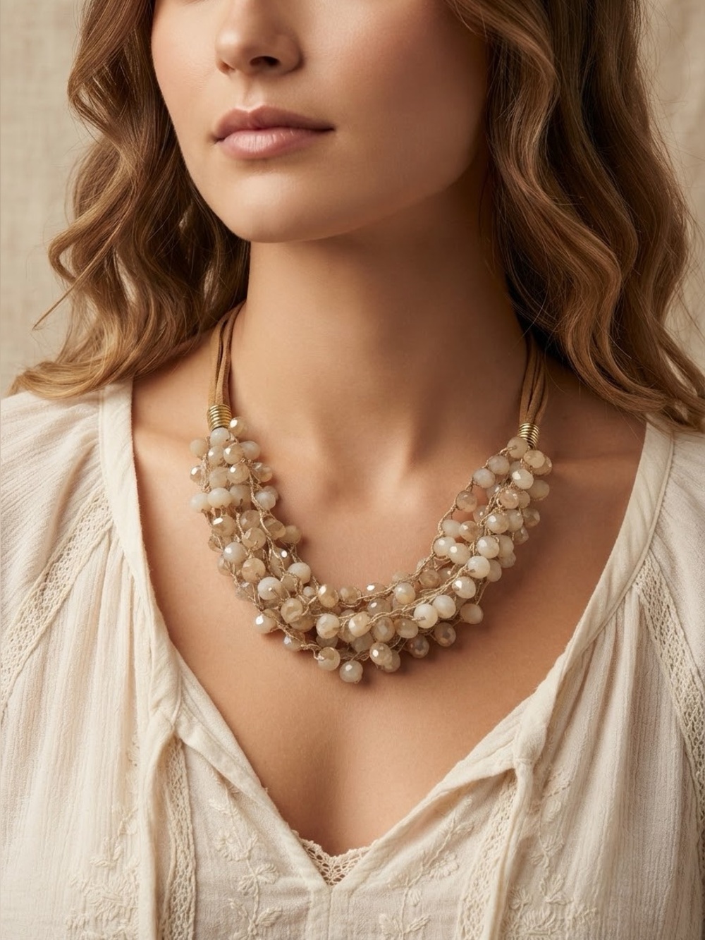 Boho-Chic Multi-Layered Statement Necklace – White to Gold Quartz Beads